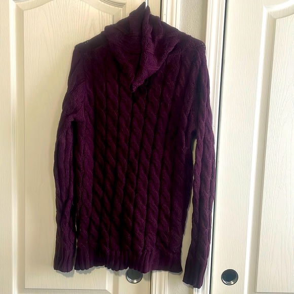 Plum colored cowl neck cable knit tunic sweater. Size L - Picture 1 of 2